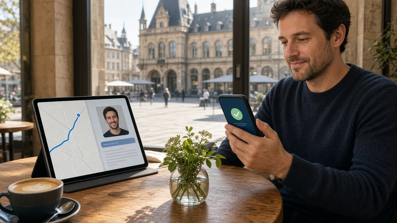 Founder in a bright Luxembourg cafe using a phone payment confirmation beside a tablet showing maps and identity verification