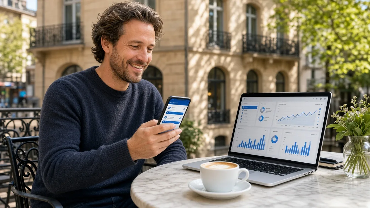 Founder on a sunny Luxembourg cafe terrace using a fast mobile banking app synced with cloud dashboards