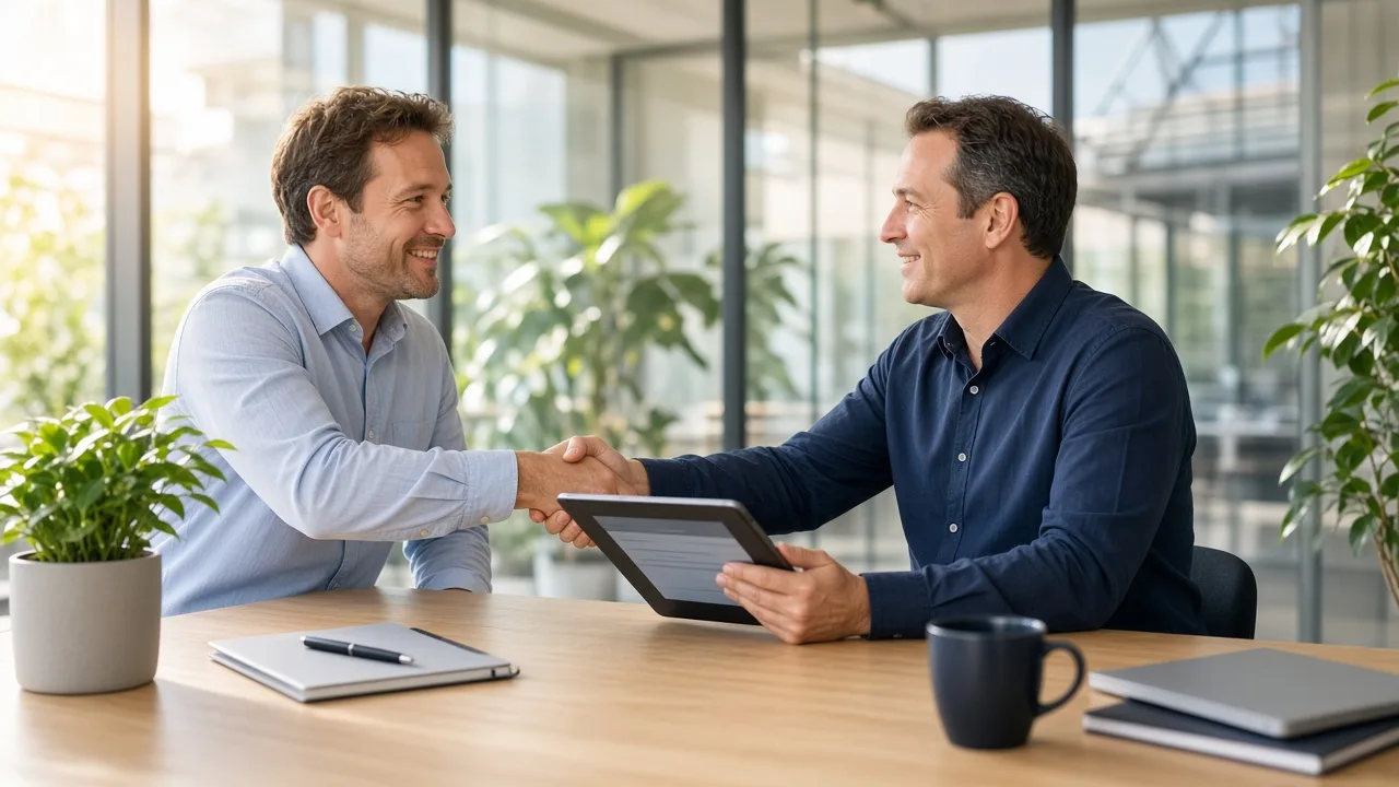 Founder and development partner reviewing cloud migration costs and compliance plans in a bright Luxembourg conference room