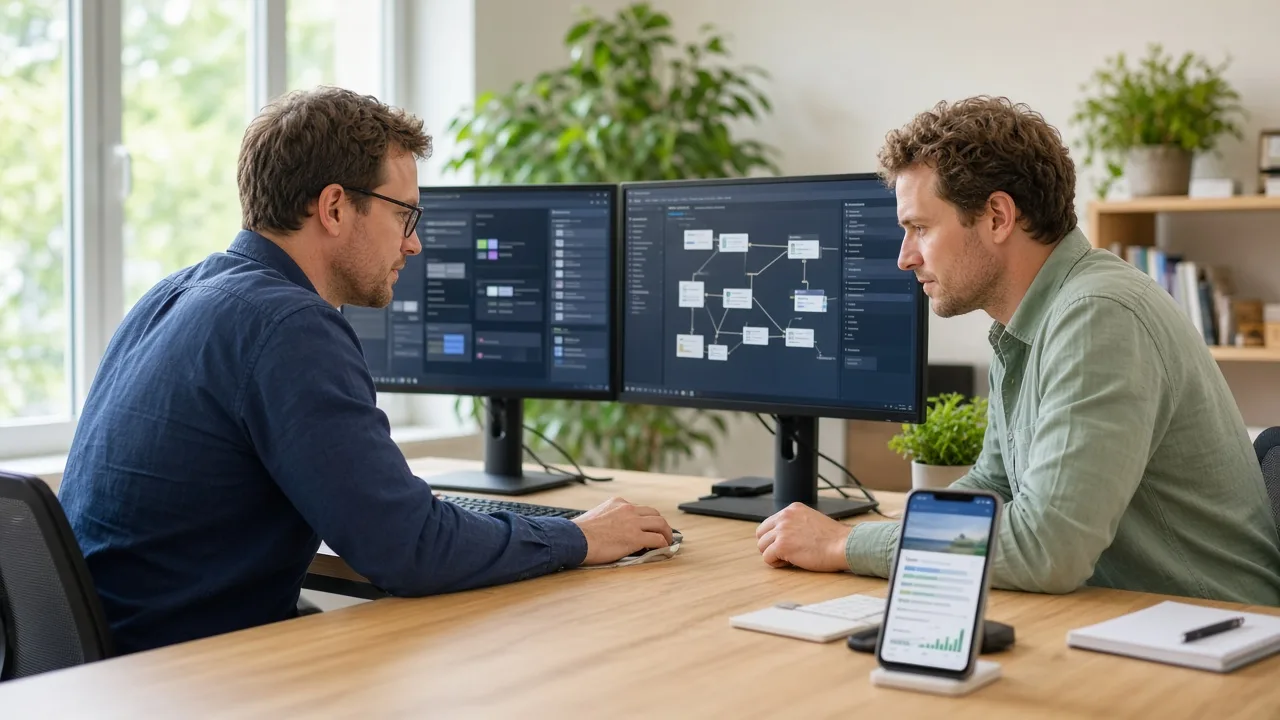 Luxembourg engineers migrating mobile app data in phases on dual monitors beside a smartphone