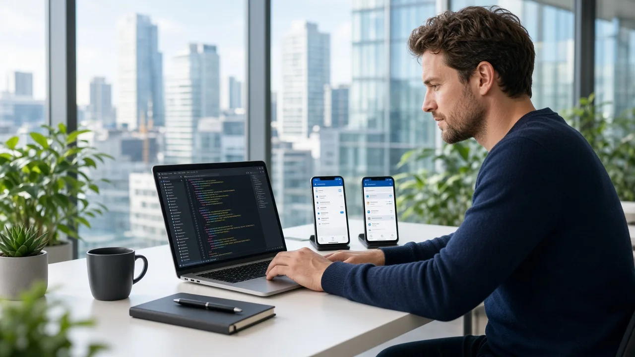 Engineer in a bright Luxembourg office building a cross-platform app on a laptop with matching iPhone and Android screens