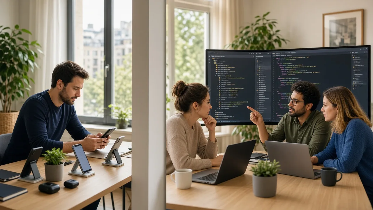 Native and cross-platform mobile teams collaborating in a bright Luxembourg office
