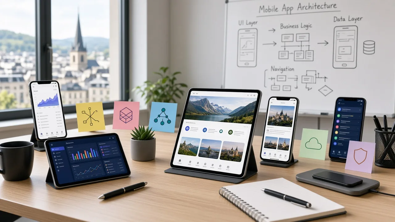 Luxembourg developer desk with multiple phones and tablets showing polished mobile app interfaces