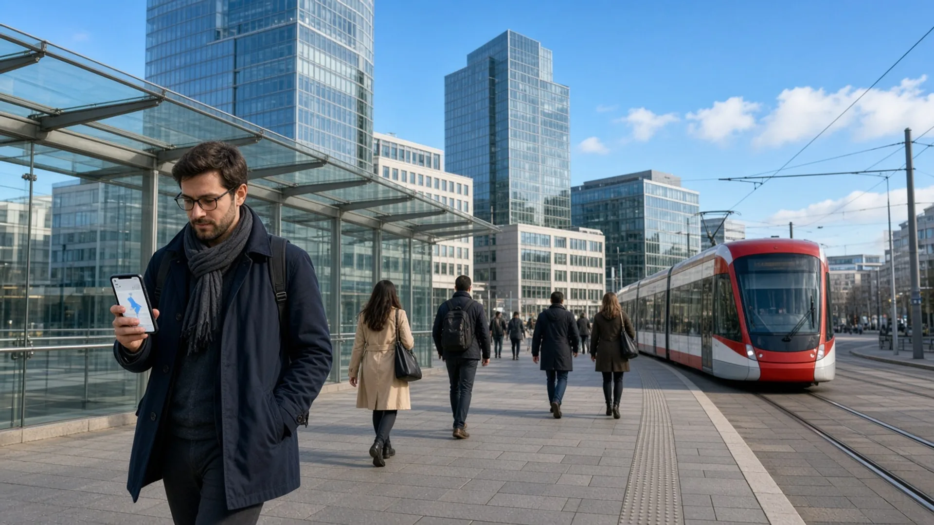 Cross-border commuter at a Luxembourg tram stop using a smartphone
