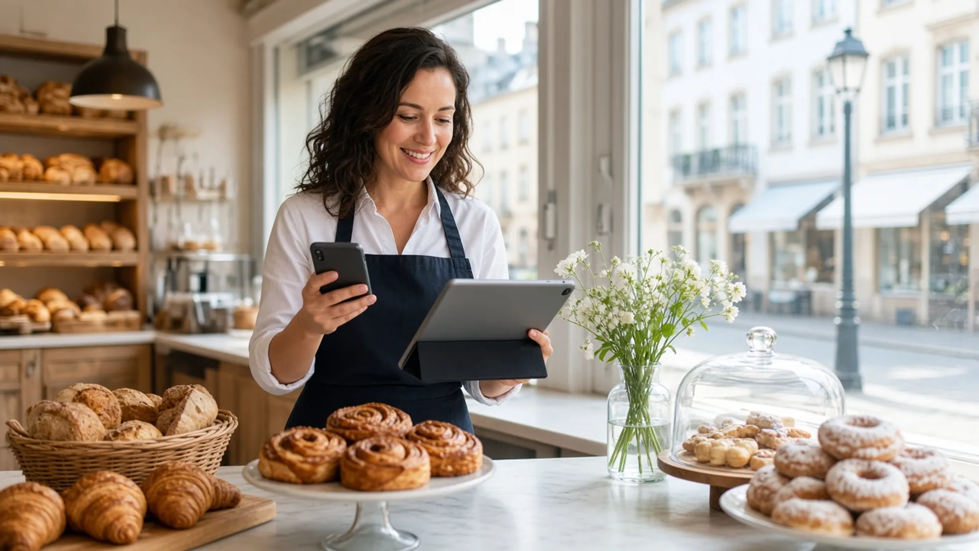 Luxembourg cafe owner using a tablet and phone to manage orders