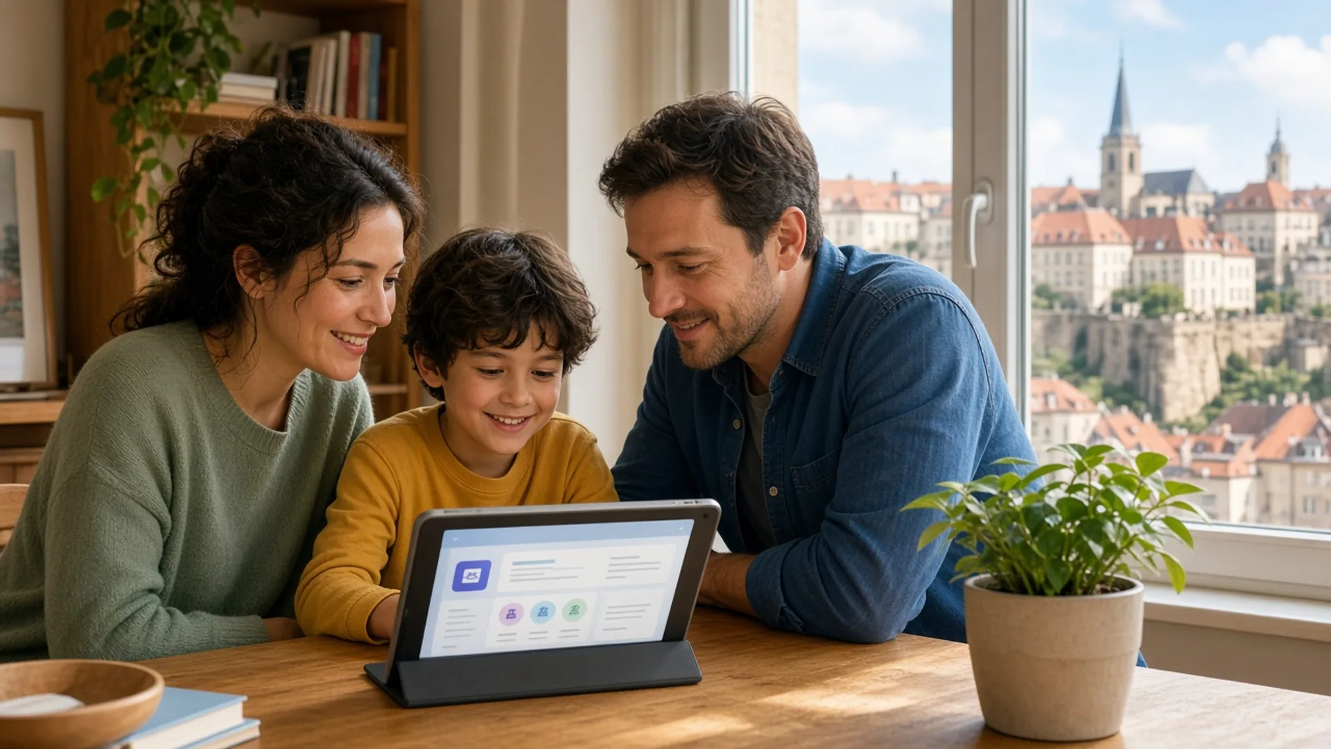 Family in a bright Luxembourg apartment using a tablet together