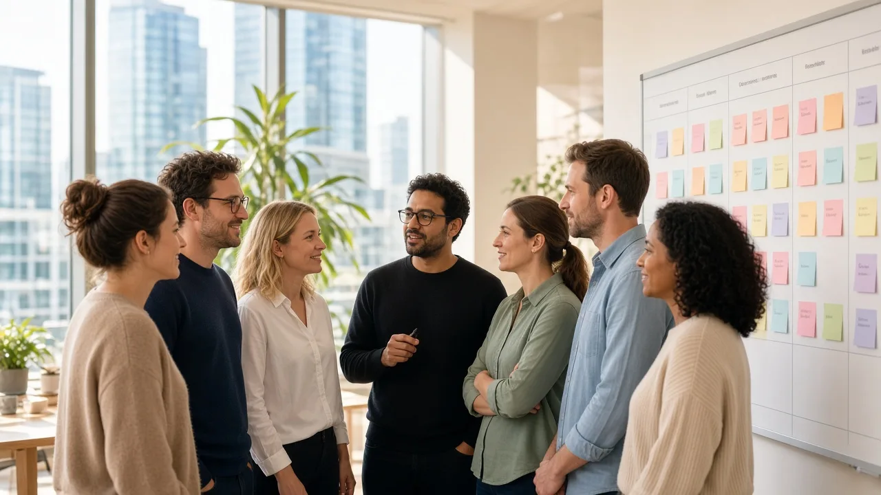 Luxembourg scrum team in a bright stand-up huddle beside a Kanban-style board