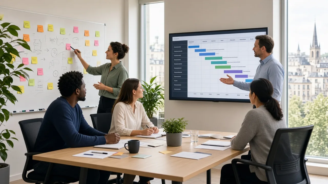 Luxembourg office comparing agile brainstorming on a whiteboard with a structured waterfall timeline on a screen
