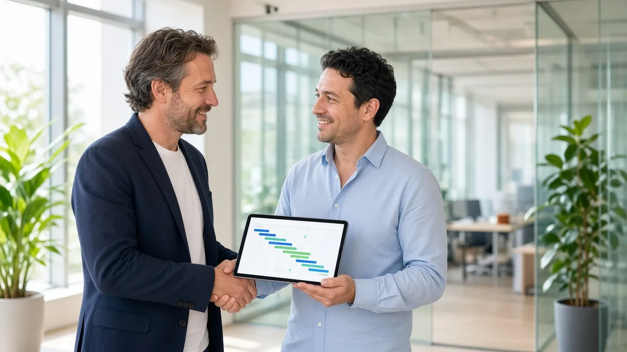Founder and development partner choosing a mobile app methodology in a bright Luxembourg fintech office