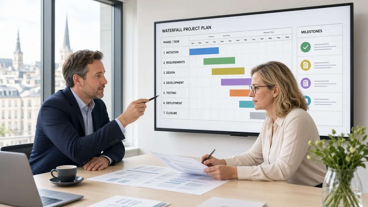 Project manager and client reviewing a detailed waterfall plan in a bright Luxembourg conference room