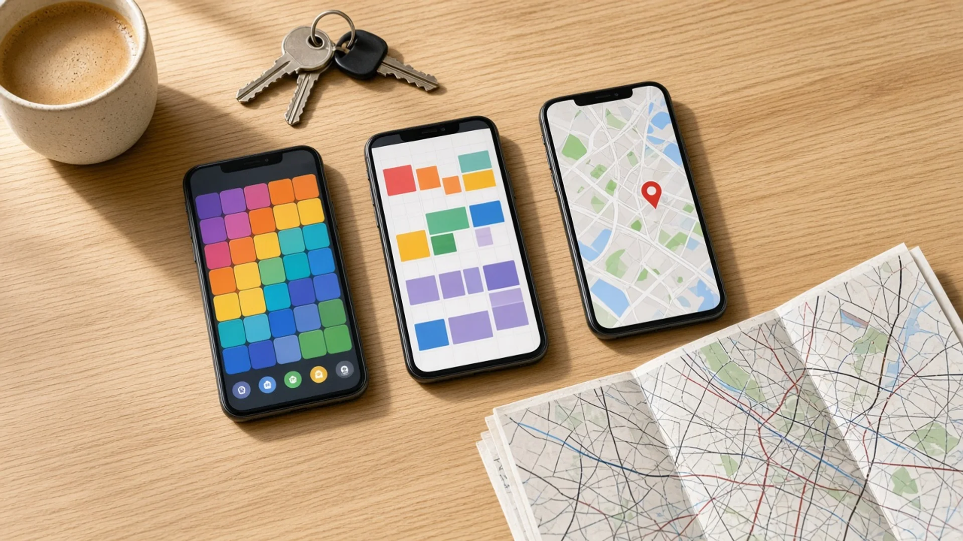 Three smartphones on a sunlit desk showing abstract game, calendar, and map screens beside coffee and a city map