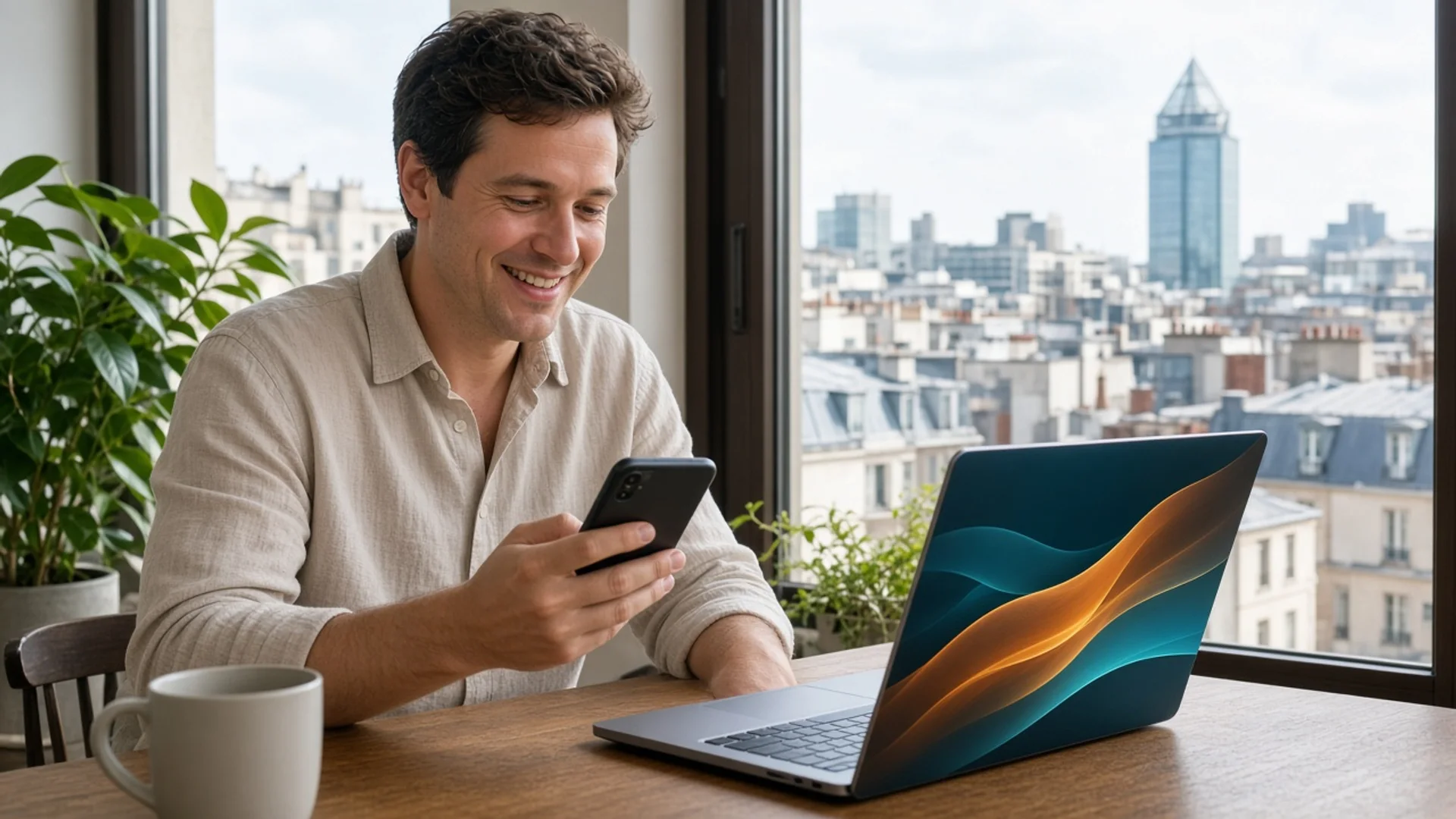 Person in a bright Luxembourg apartment reviewing app performance on a phone and laptop