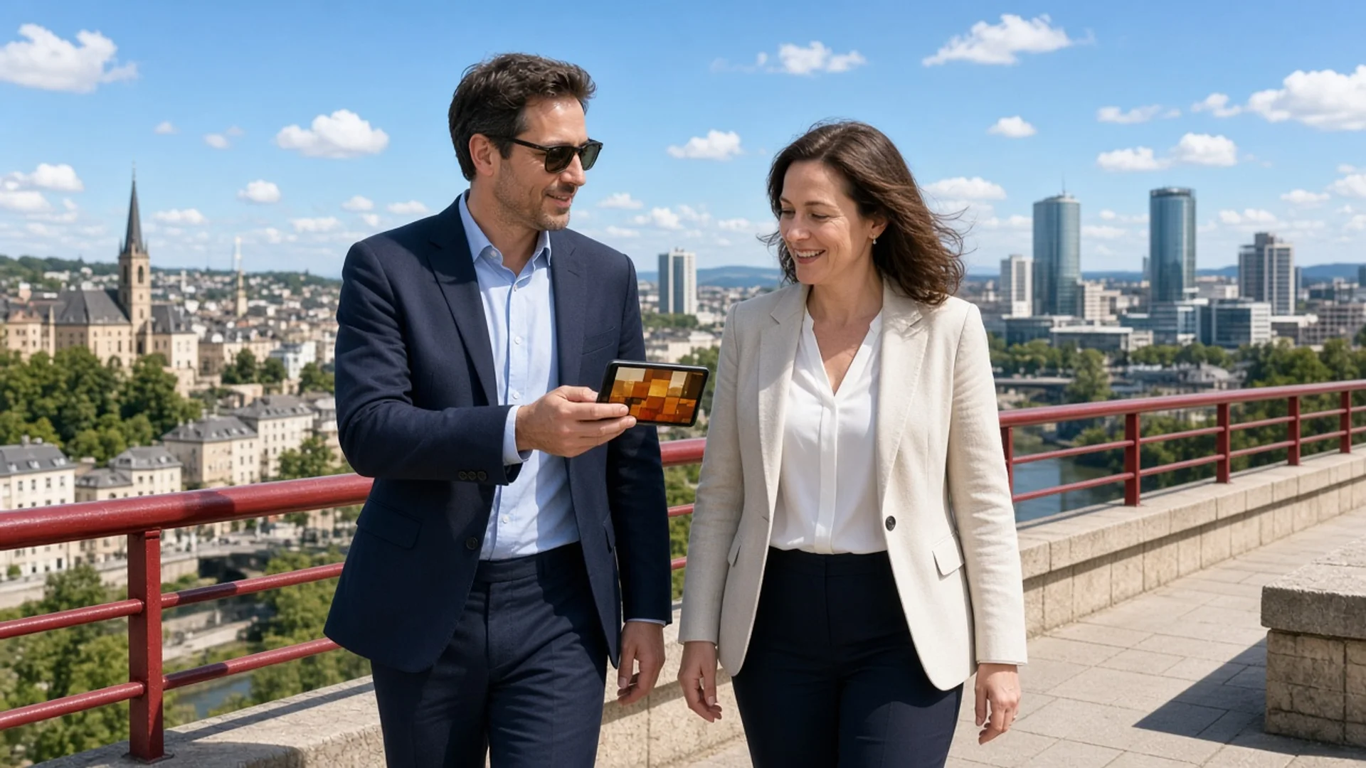 Two professionals on Luxembourg's red bridge comparing a smartphone in bright daylight
