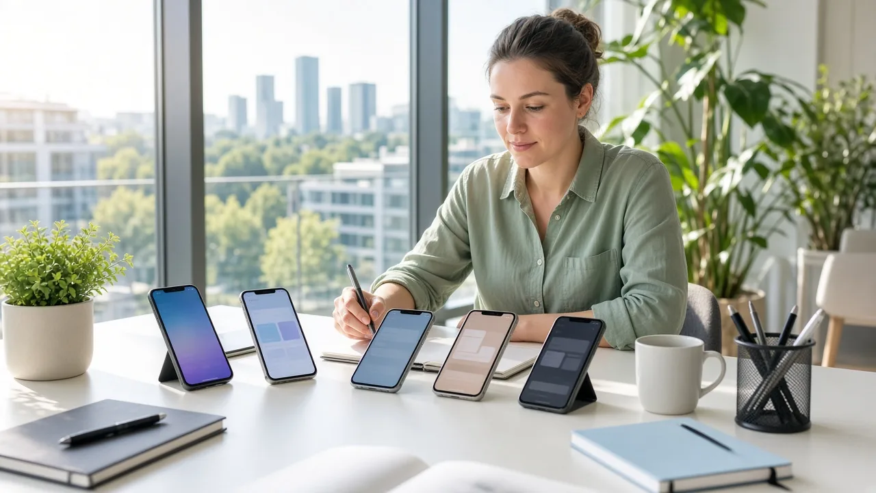 QA specialist in a sunlit Luxembourg office testing login and checkout flows on several smartphones