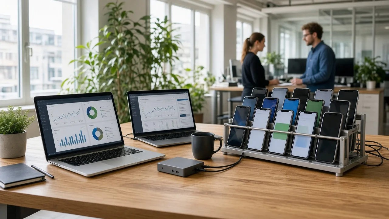 Luxembourg testing bench with laptops and a cloud device lab of phones and tablets