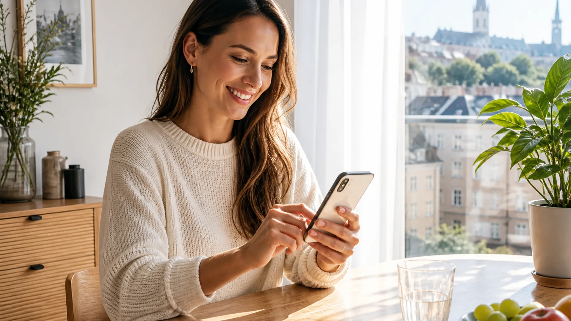 Smiling woman in a bright Luxembourg apartment using a redesigned mobile app