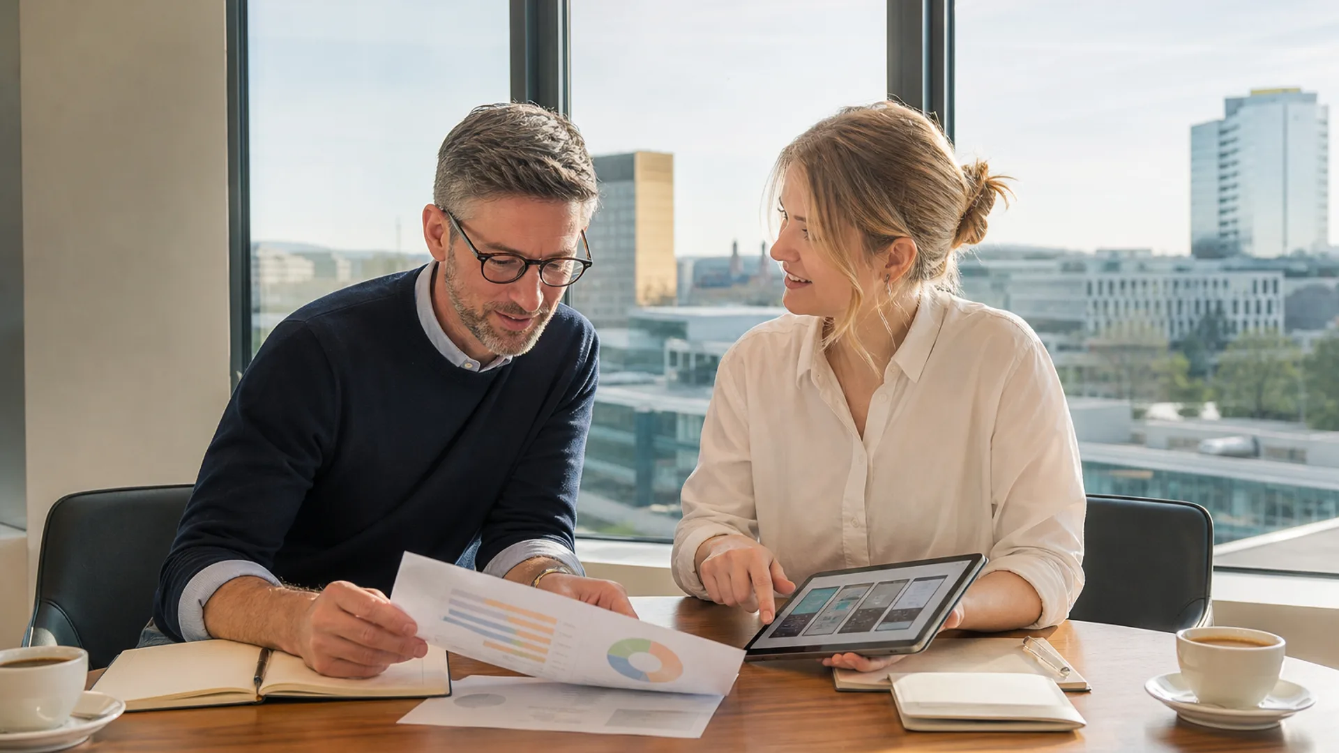 Project manager and designer reviewing redesign plans at a sunny Luxembourg conference table
