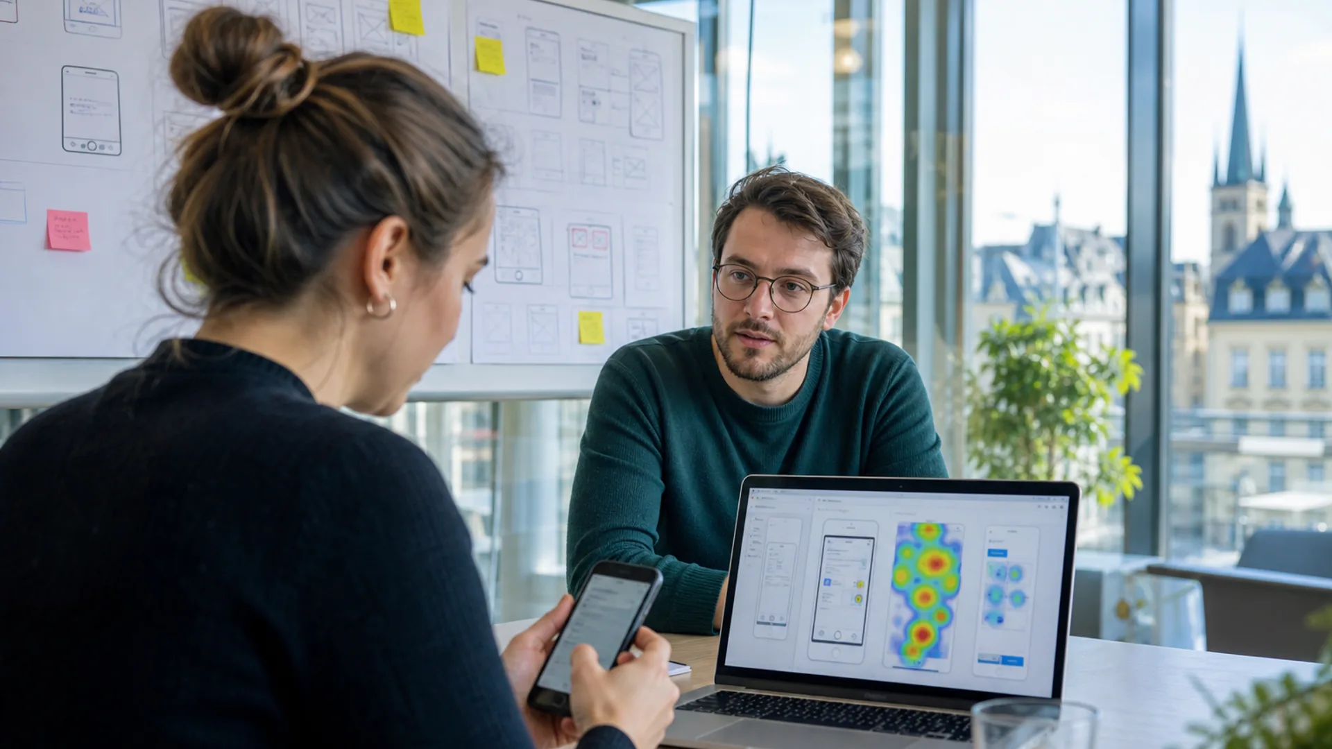 UX researcher observing a usability test in a bright Luxembourg office