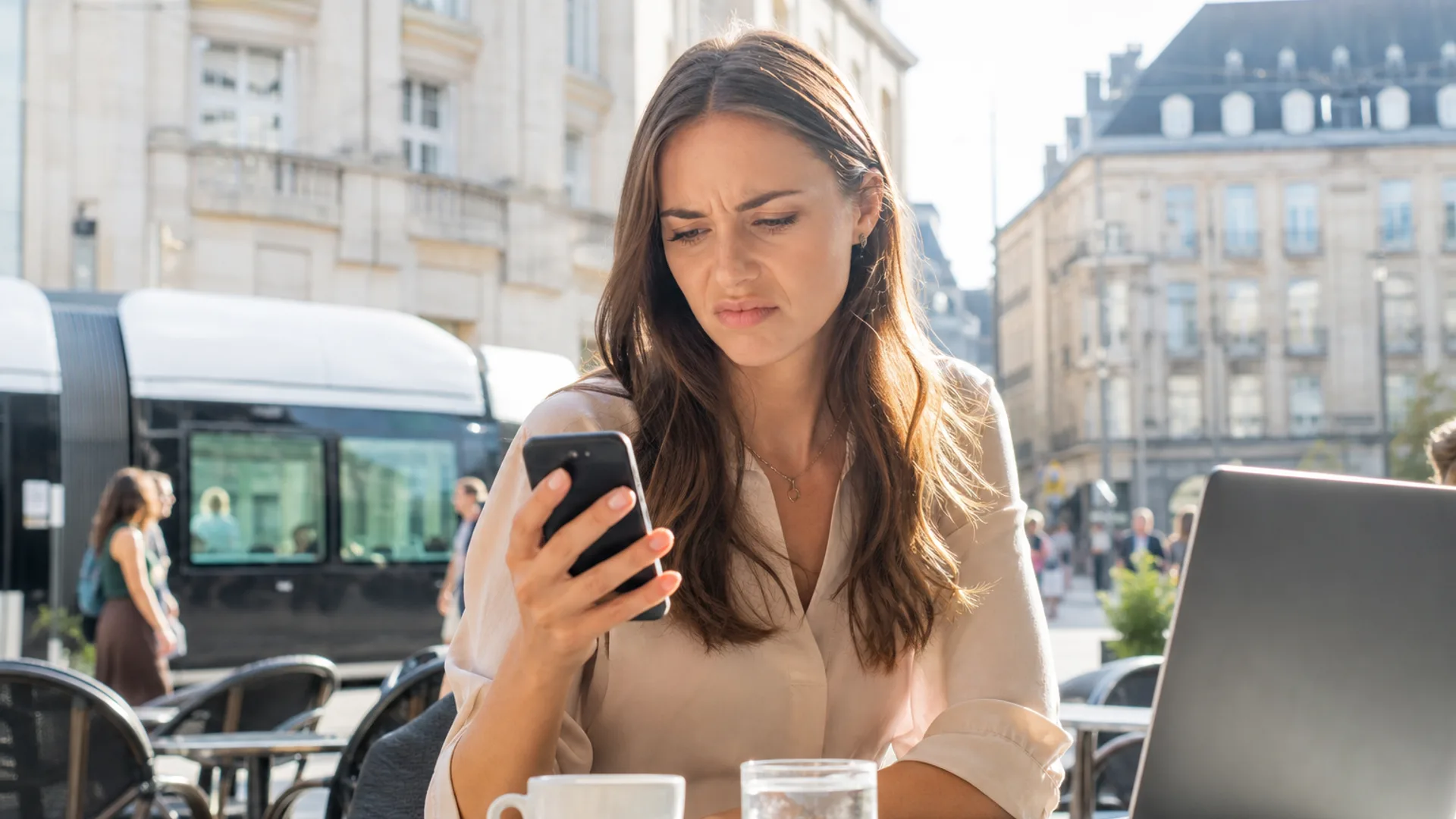Person on a Luxembourg cafe terrace looking frustrated at a smartphone