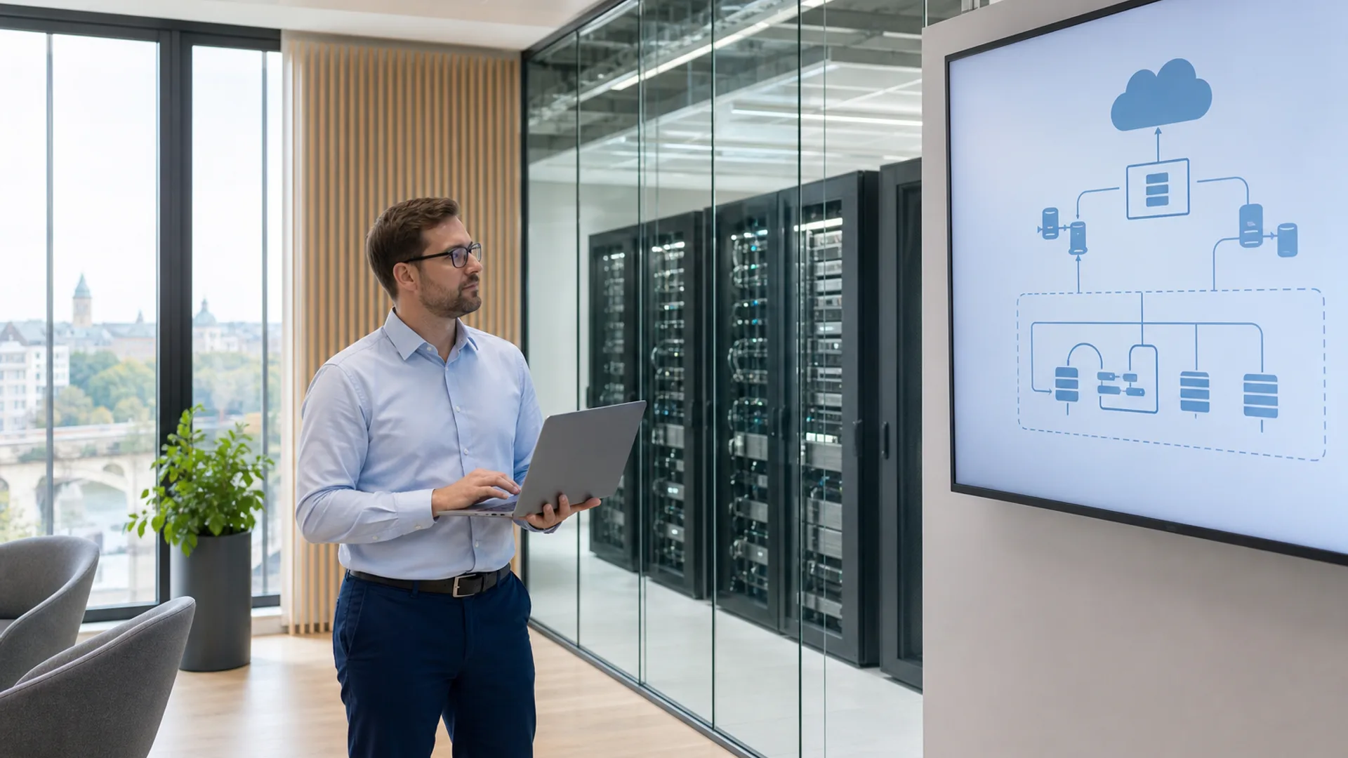 Engineer in a bright Luxembourg office reviewing cloud architecture next to a glass-walled server room