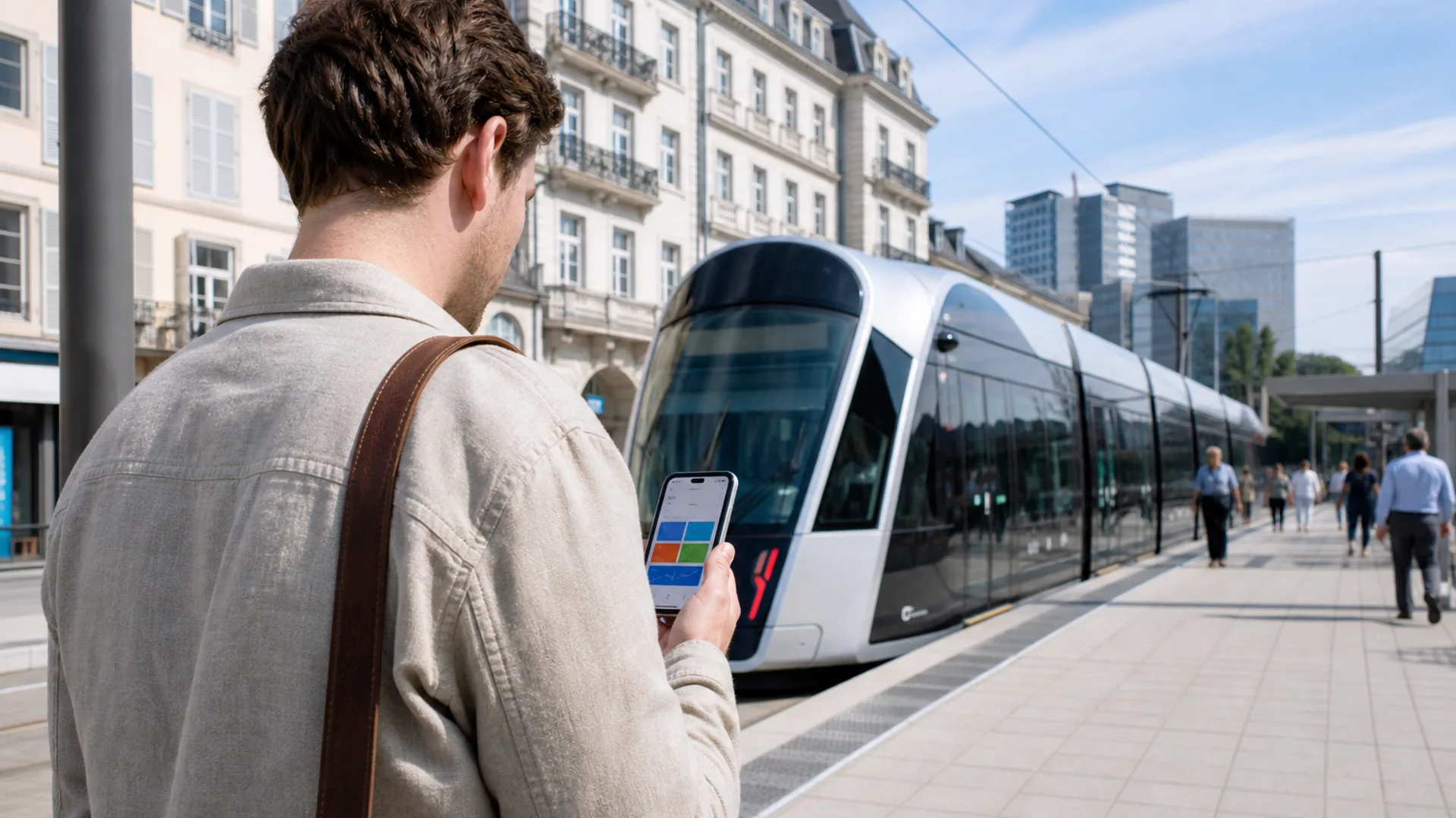 Commuter on a sunny Luxembourg tram platform using a smartphone app