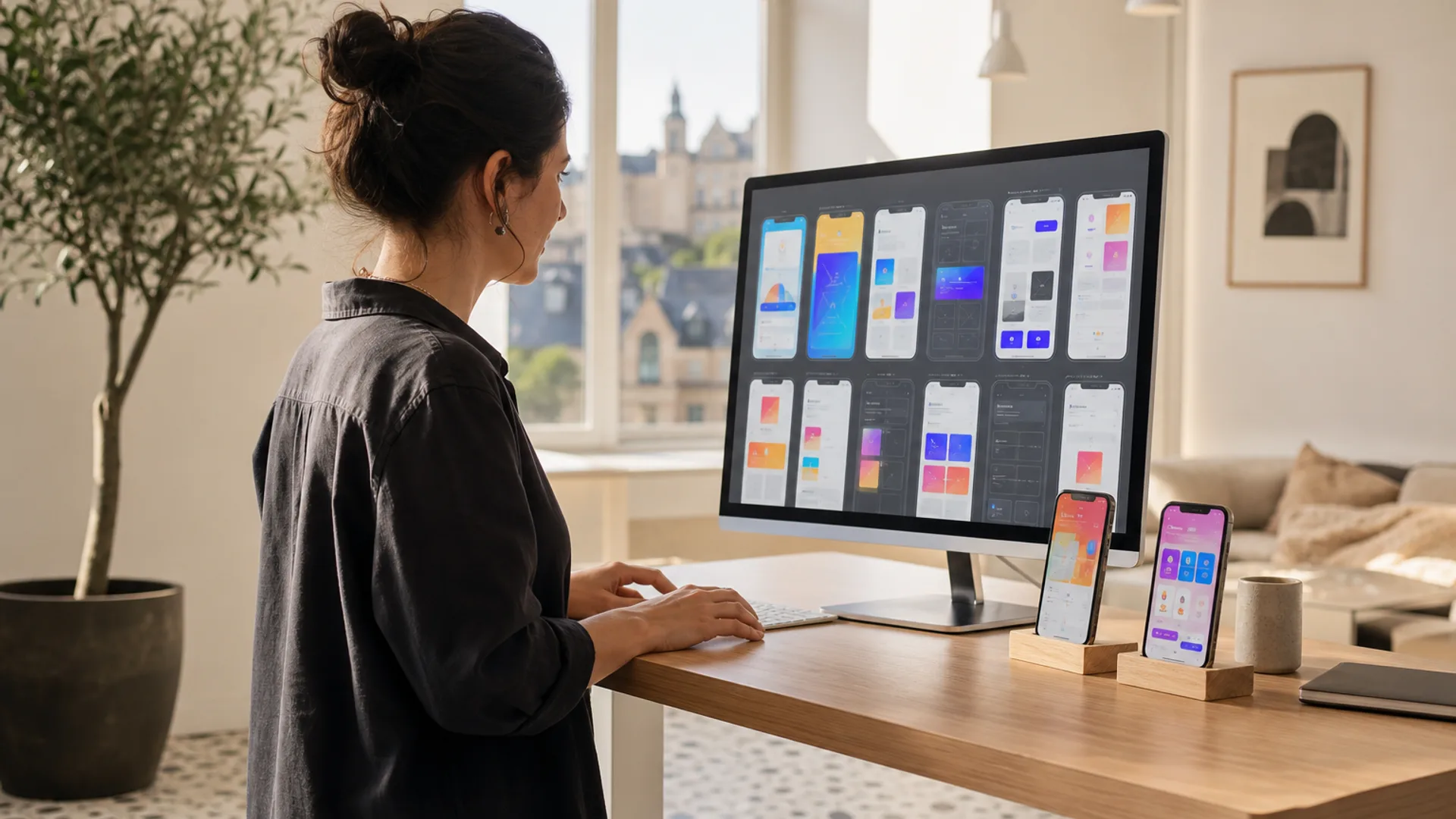 Designer in a bright loft studio reviewing mobile interface screens on a monitor and two phones