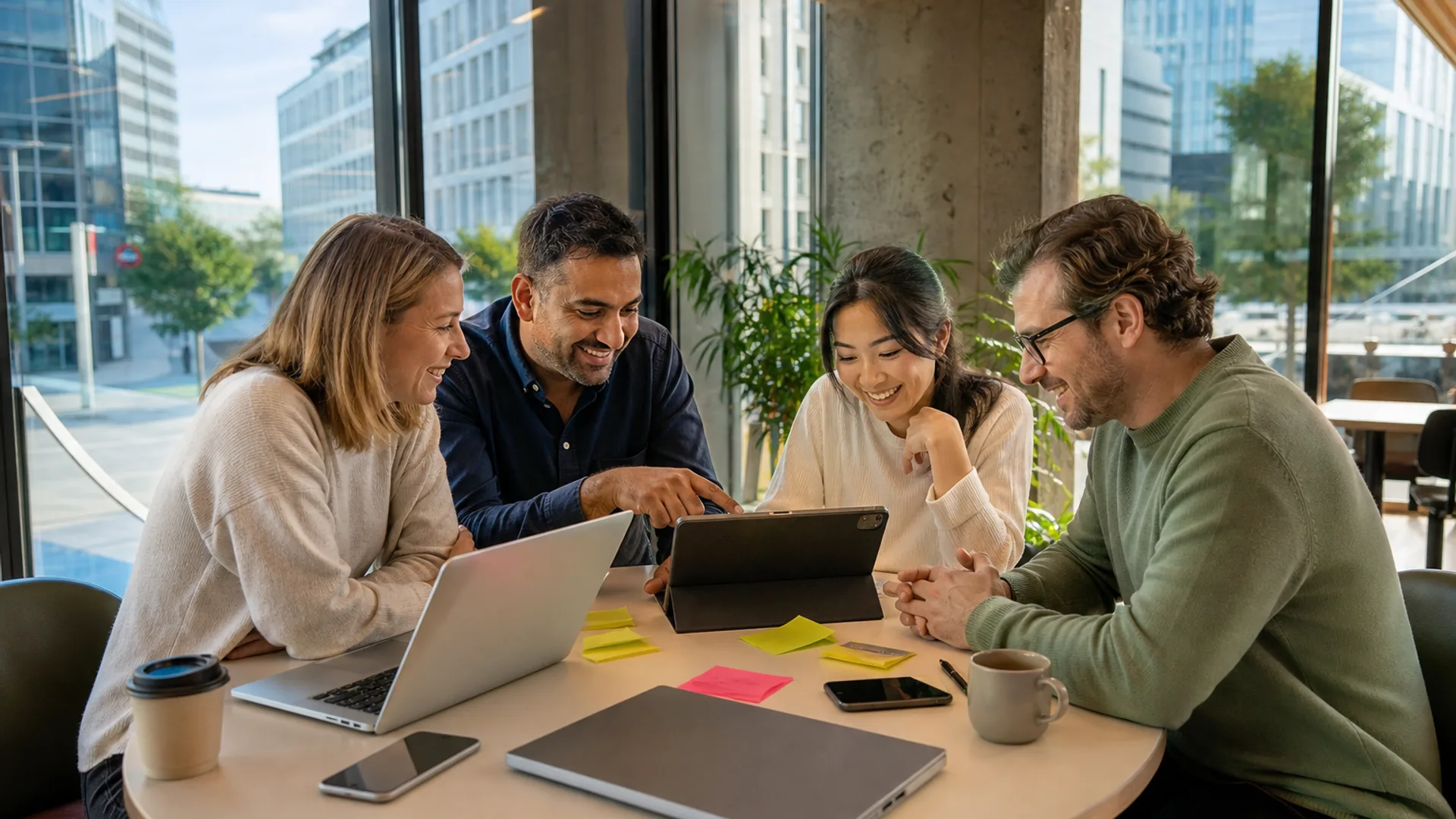 Diverse product team collaborating around a sunny coworking table with laptops and phones
