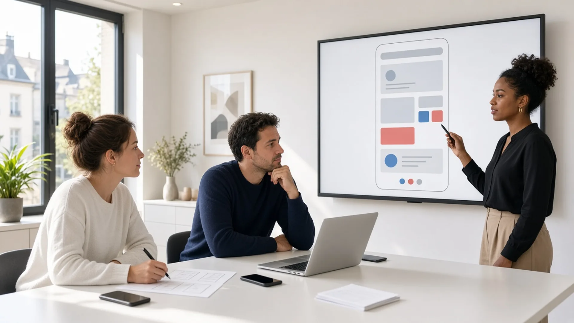 Design team in a bright Luxembourg studio reviewing an abstract mobile wireframe on a large screen