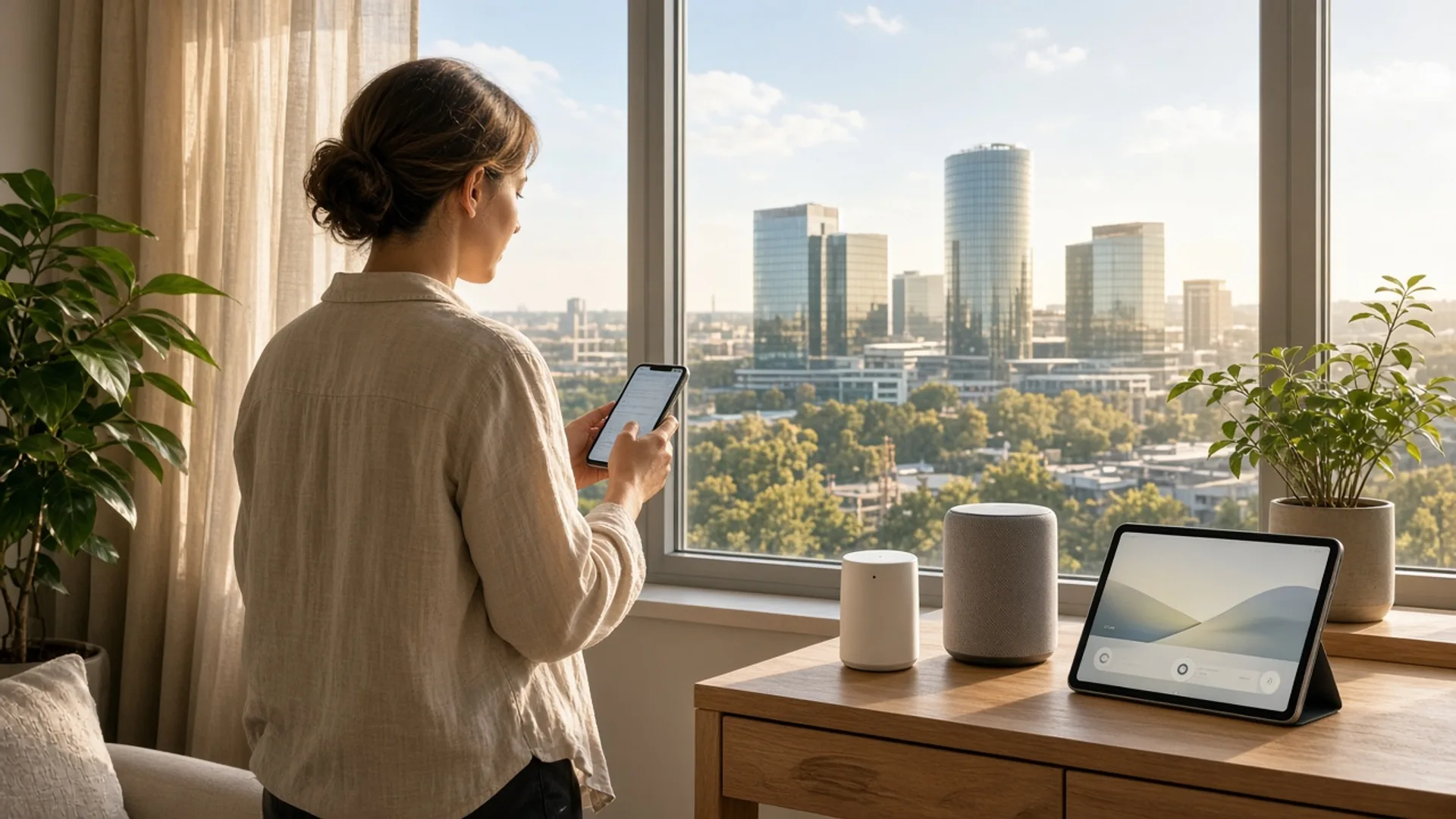 Person in a bright Luxembourg apartment using a smartphone beside connected speakers and a tablet, with Kirchberg towers outside