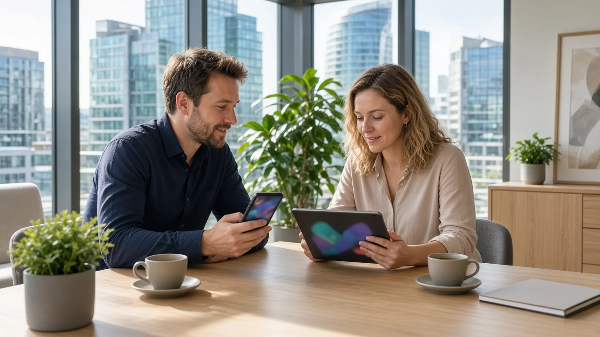 Two colleagues in a bright Luxembourg office reviewing a mobile app on a phone and tablet with the Kirchberg skyline outside