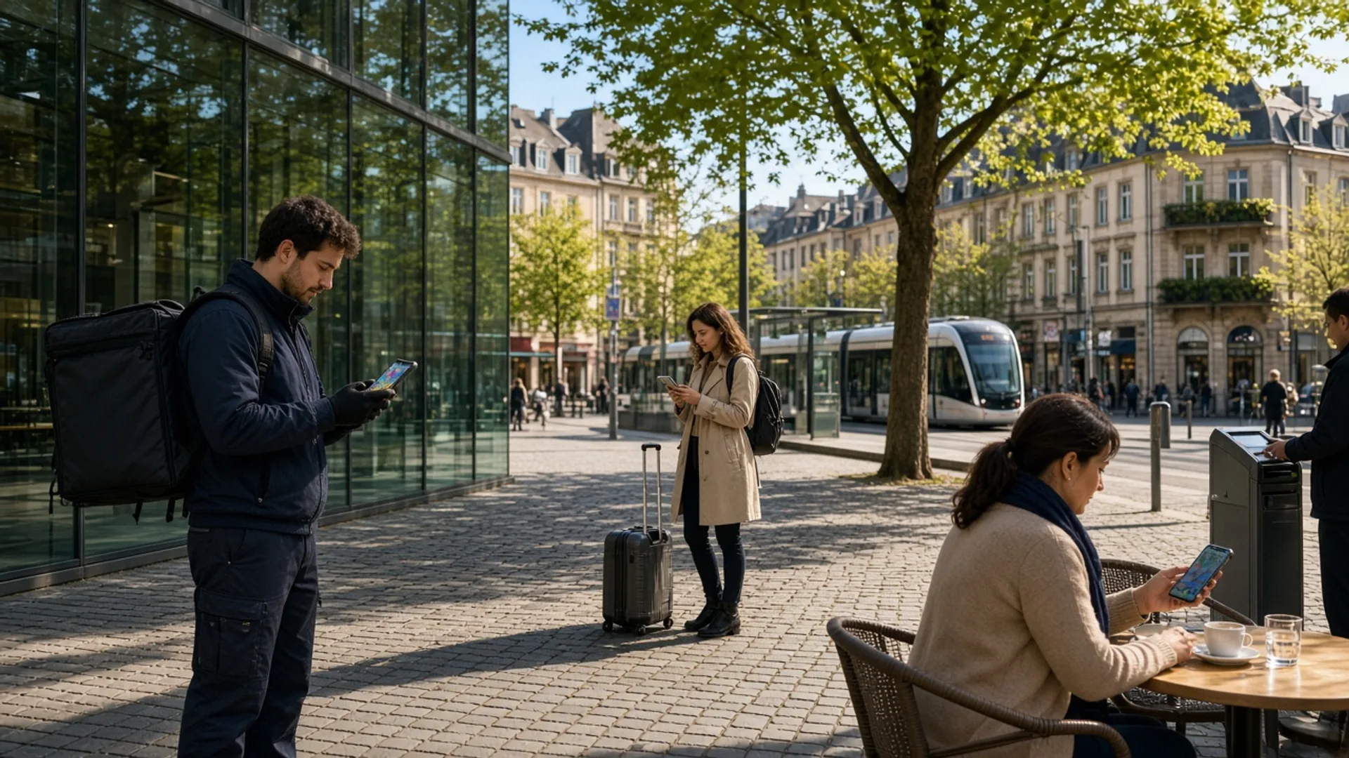 Sunny Luxembourg street where a courier, a traveler, and a café guest each use a smartphone beside a modern tram