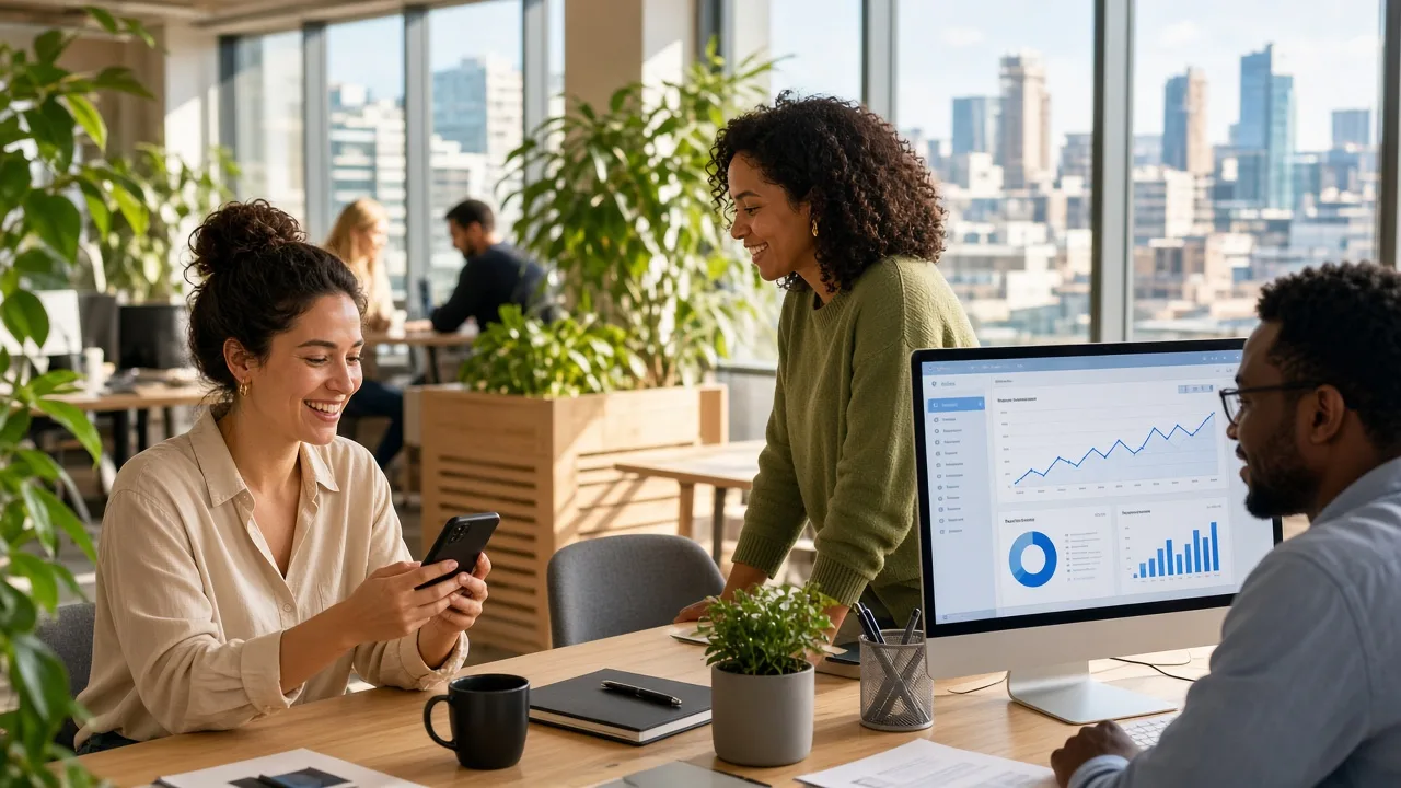 Diverse Luxembourg product team in a bright office celebrating engagement on mobile and web dashboards