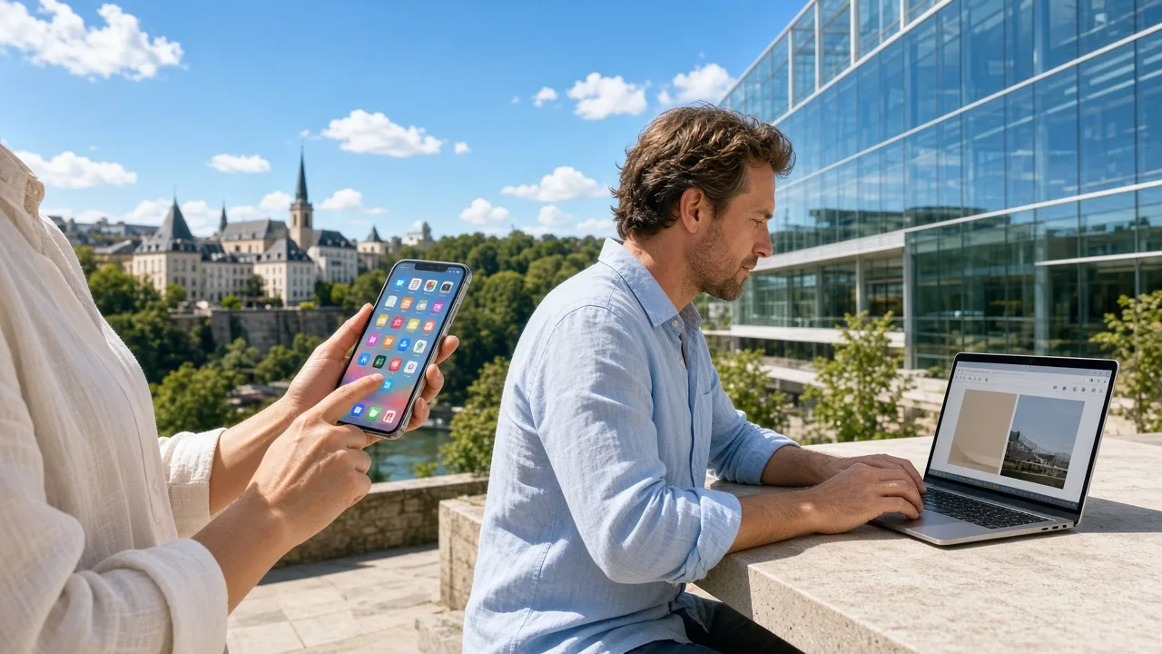 Two people in sunny Luxembourg City — one using a smartphone app and another browsing a web app on a laptop