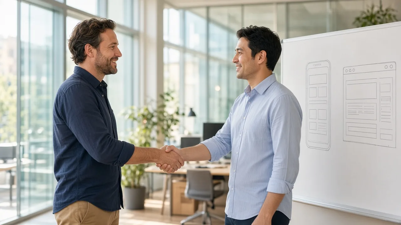 Founder and development partner shaking hands in a bright Luxembourg tech office beside mobile and web wireframes