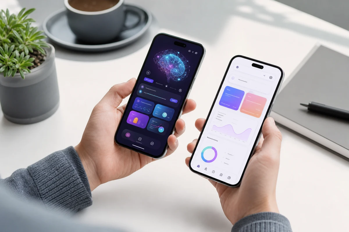 Mobile app development with smartphones showing abstract app interface layouts