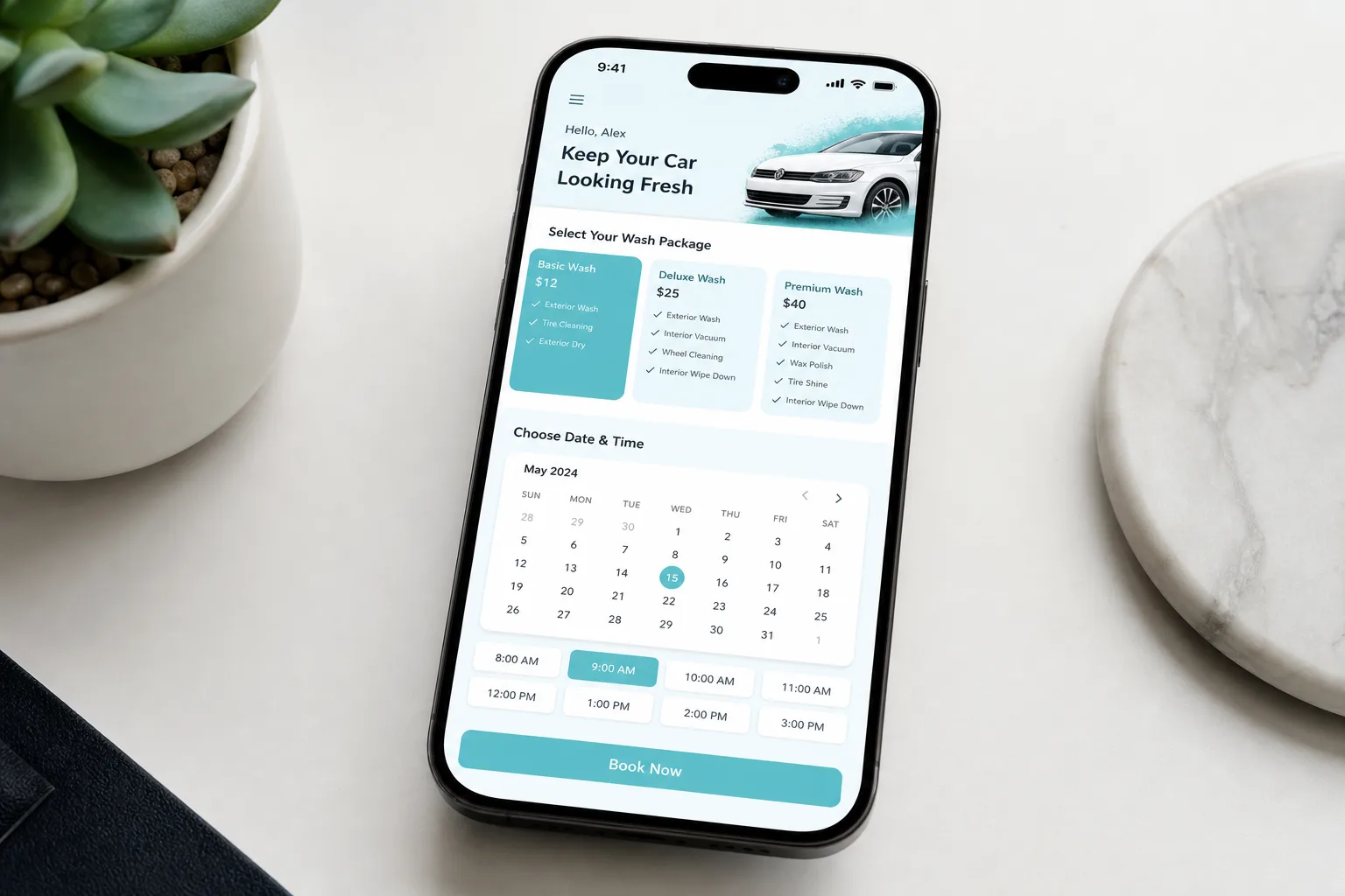 Customer car wash application with service booking and live technician tracking