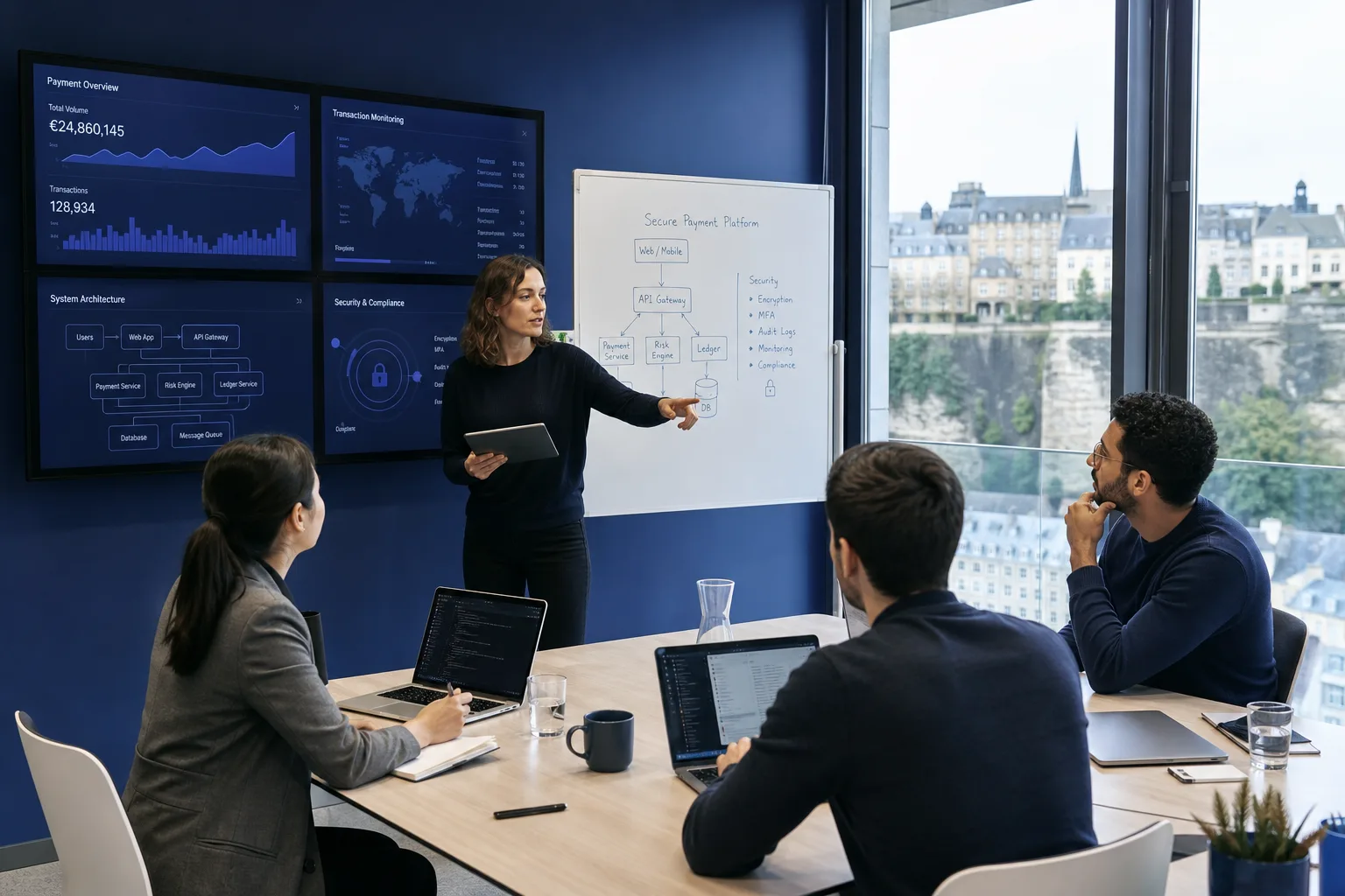 Fintech application development experts planning a secure financial platform for Luxembourg businesses