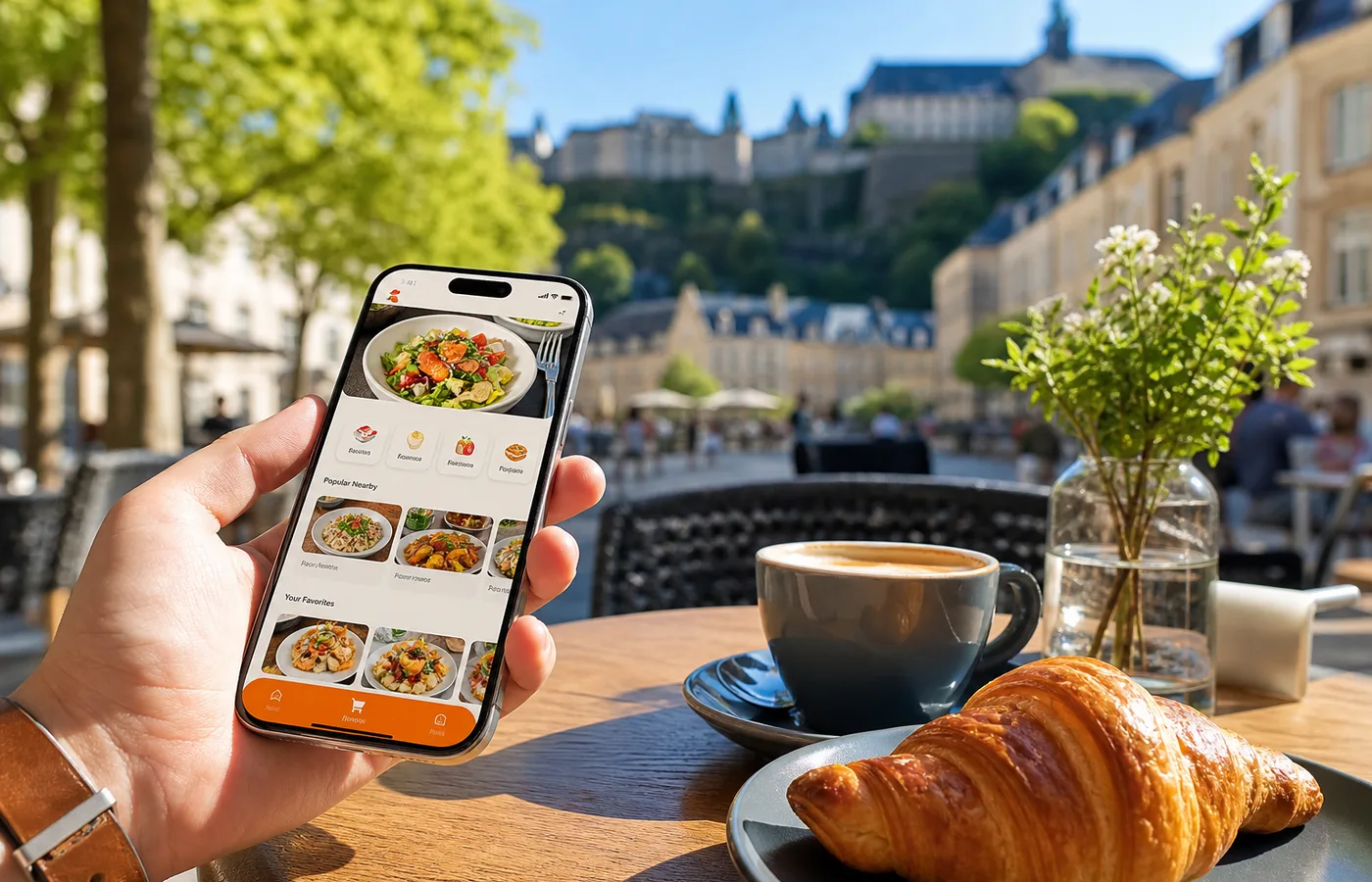 Business team discussing food delivery app development solutions for Luxembourg companies