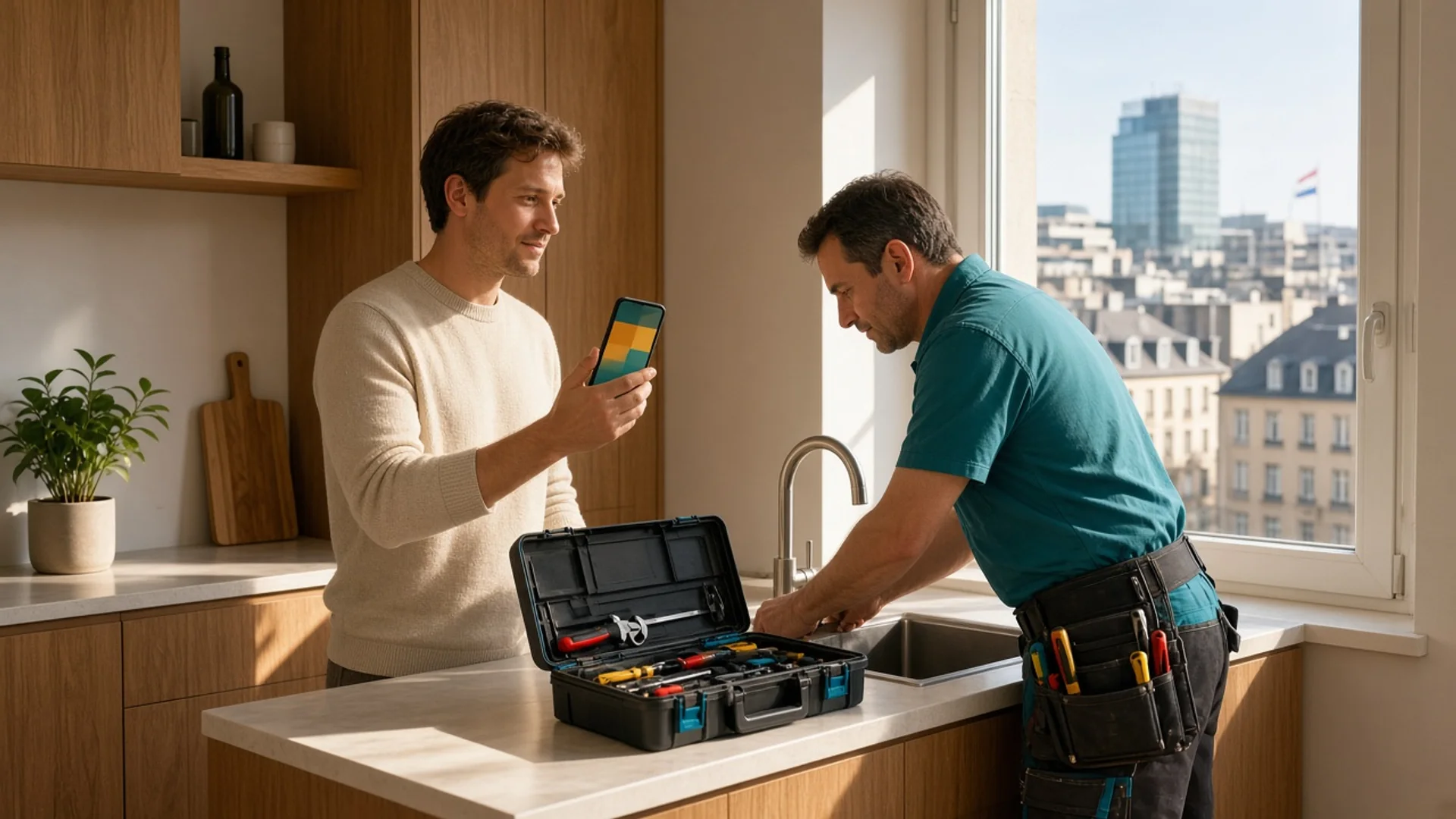 Homeowner booking a plumber on a handyman app in a bright Luxembourg apartment