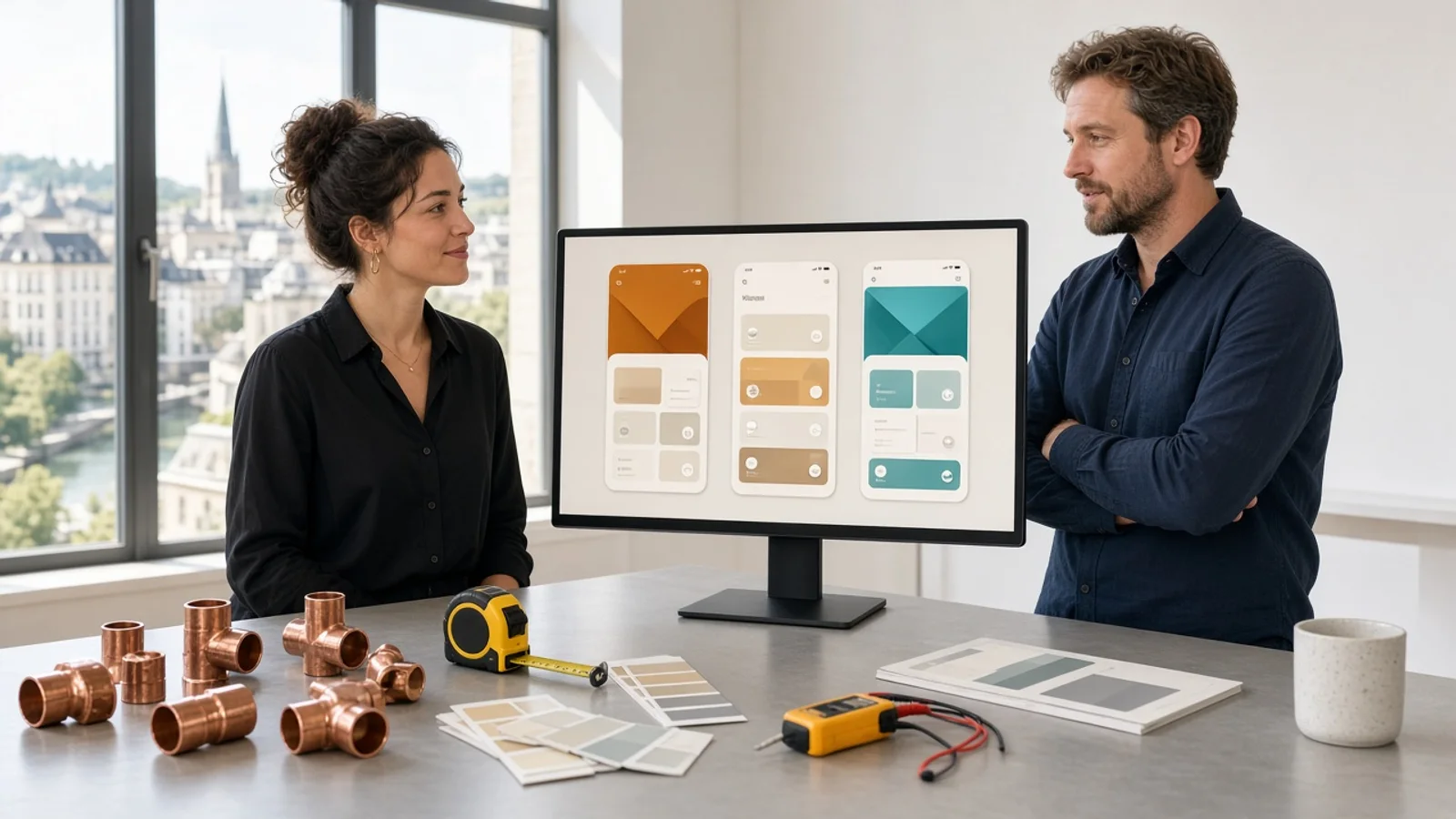 Designers planning a handyman app with tools and a Luxembourg city view