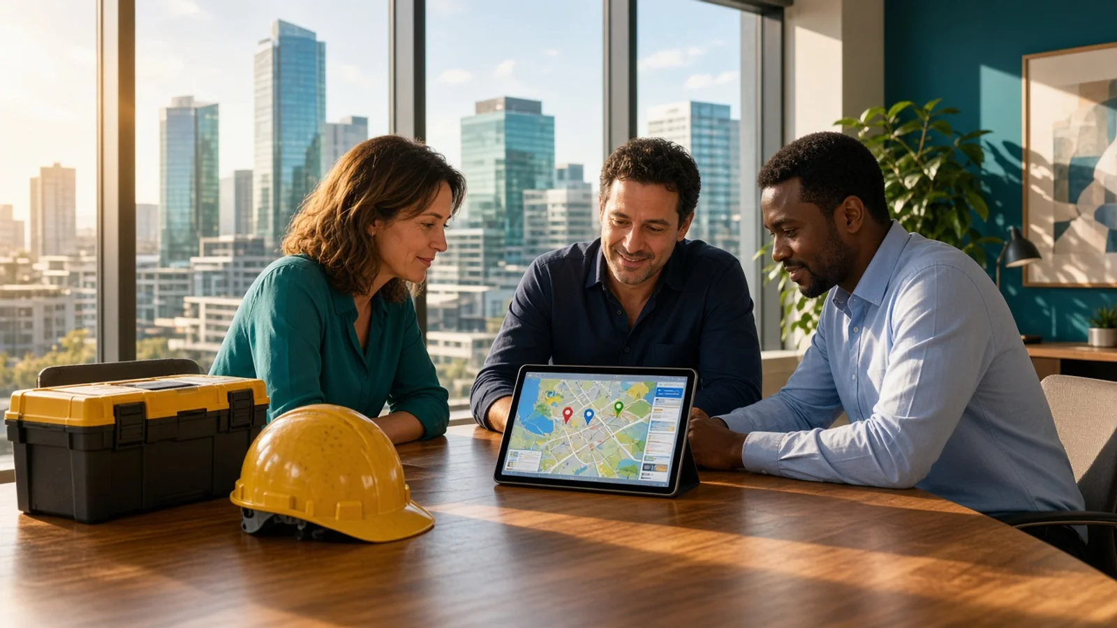 Product team planning a handyman booking platform in a bright Luxembourg office