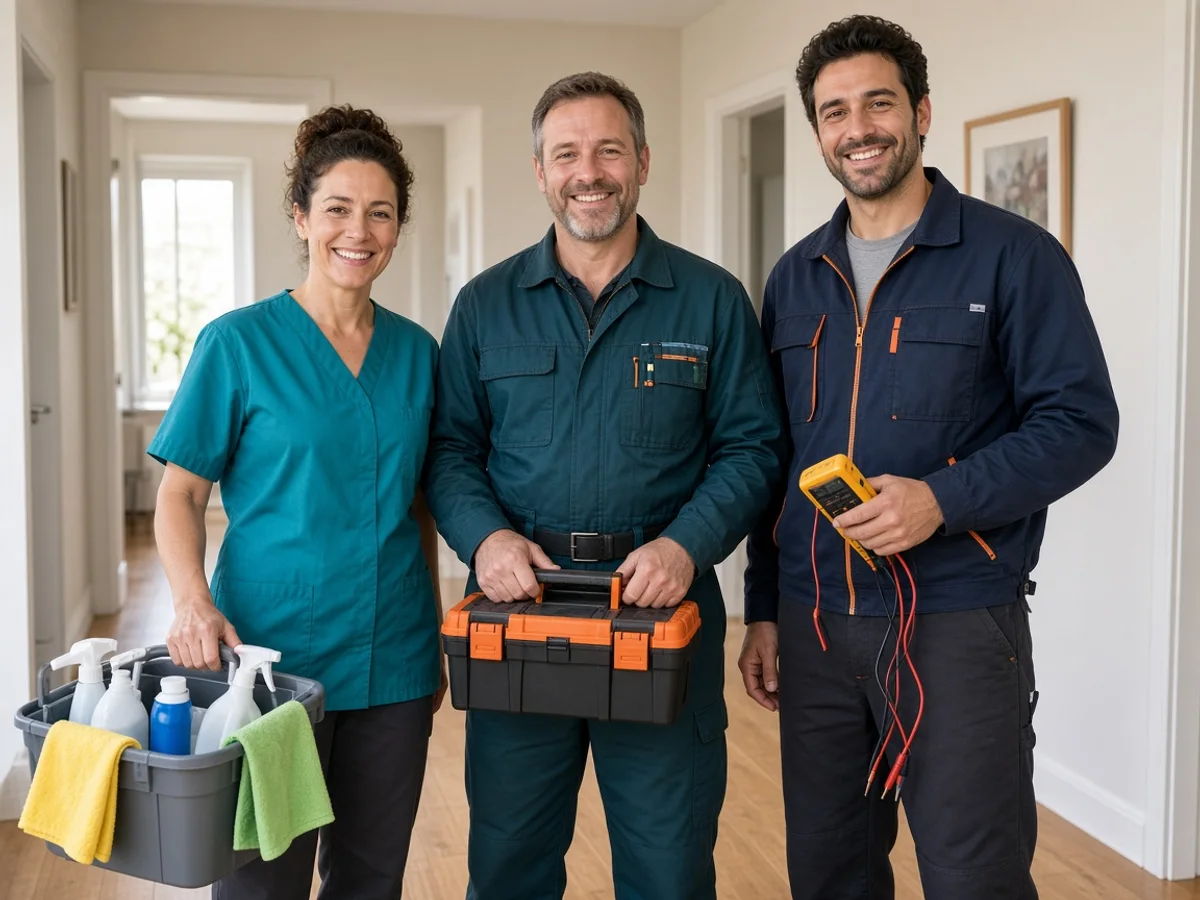 Cleaner, plumber, and electrician ready for a home services booking in a bright European home