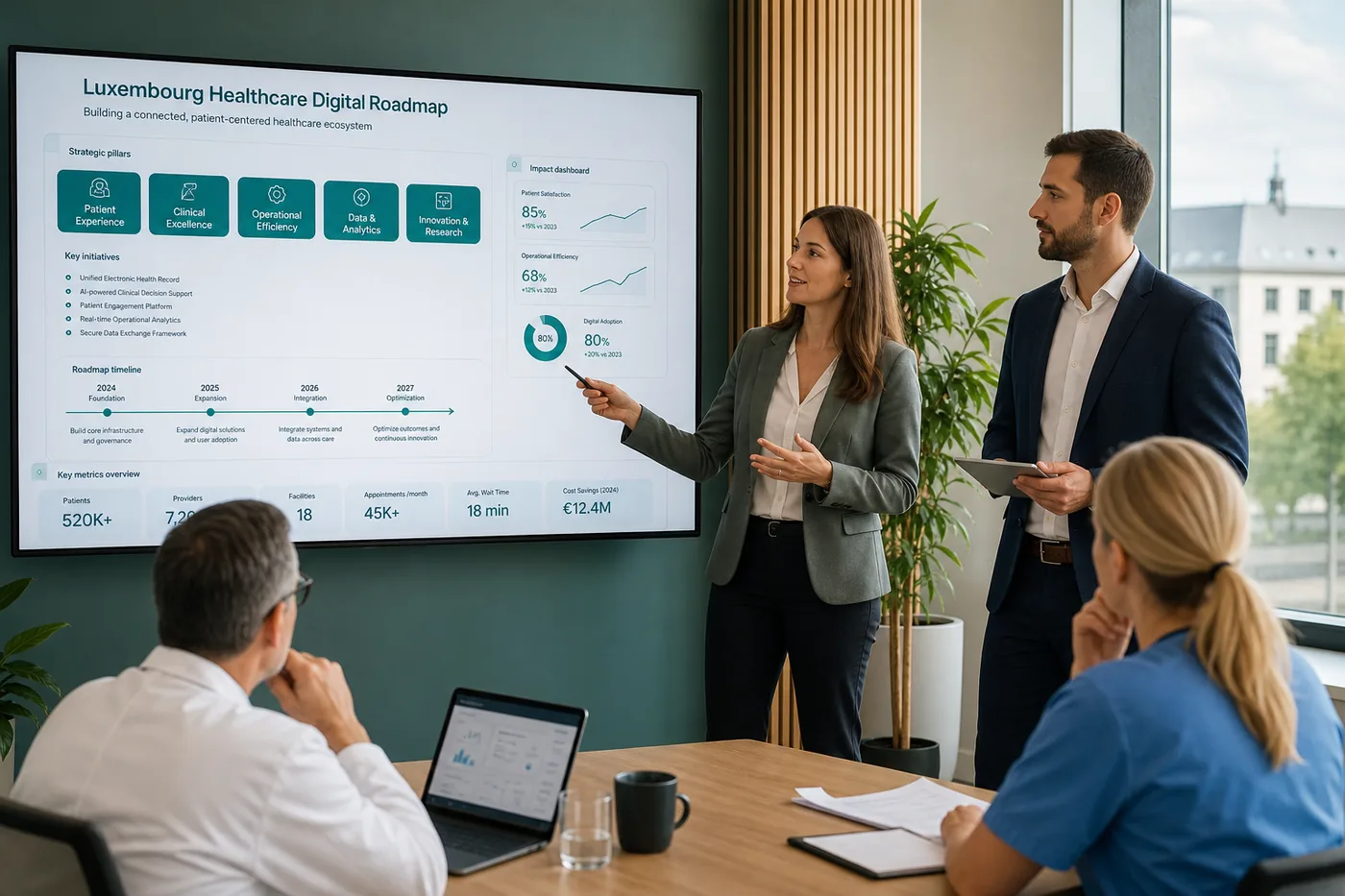 Healthcare application development consultants discussing secure digital health solutions for Luxembourg organizations