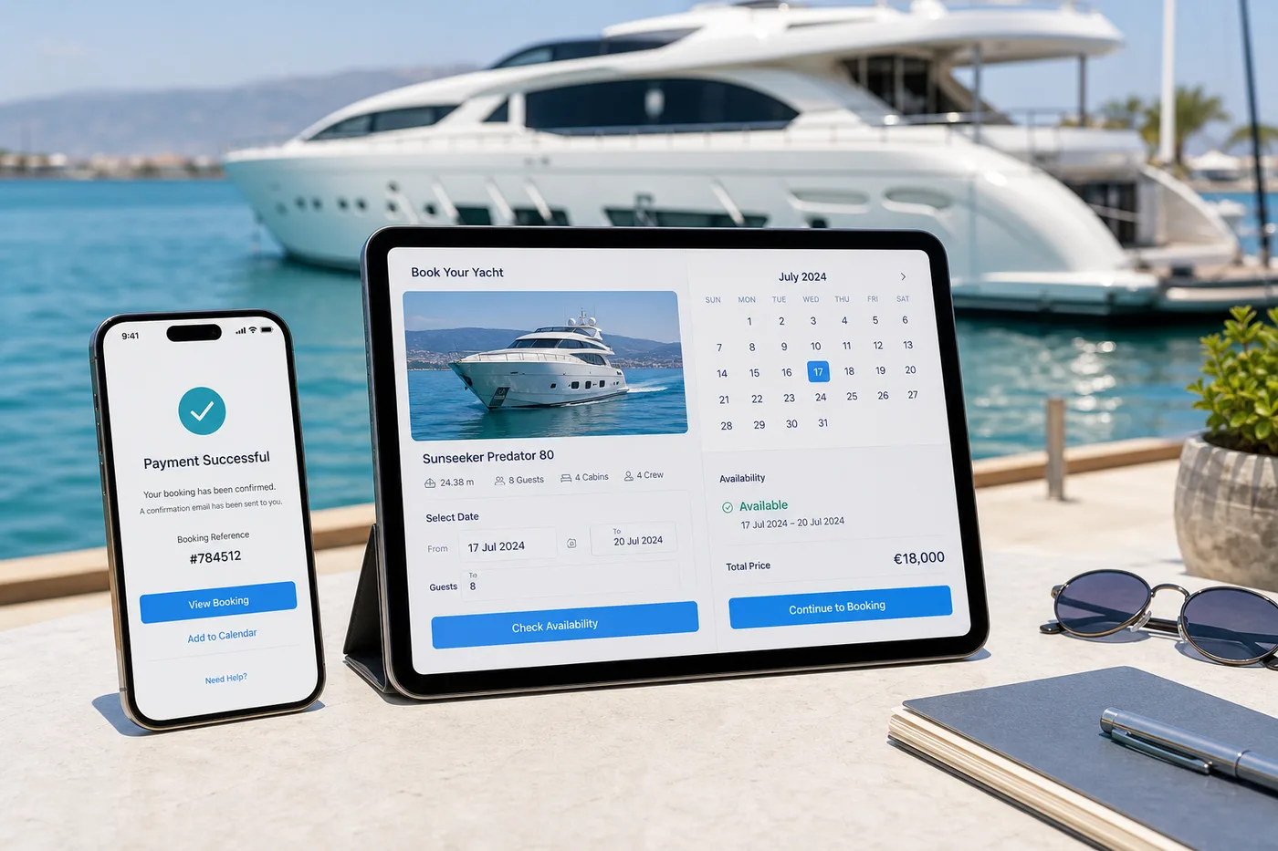 Yacht booking application with availability calendars and secure payments