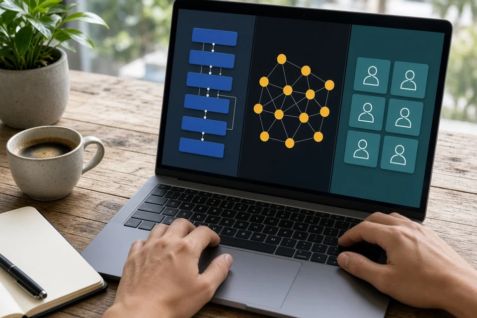 Laptop showing three original agent workflow panels for handoffs, graph nodes, and role-based crews