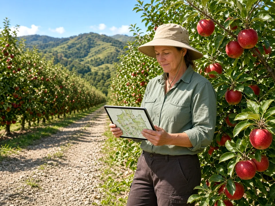Motueka orchard worker checking a farm tablet among apple trees in Tasman