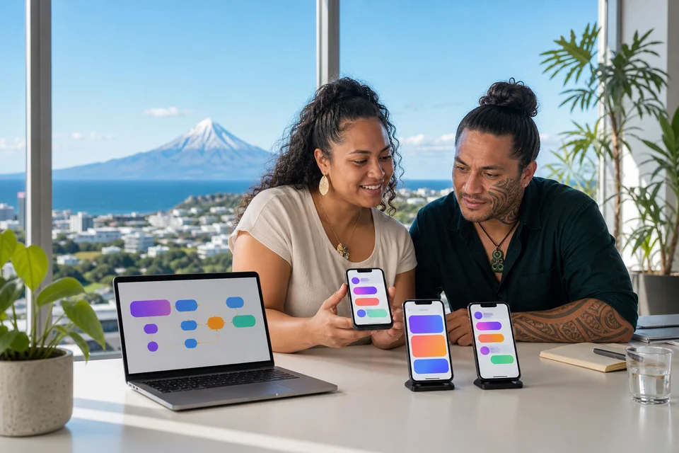 New Plymouth team reviewing an AI-powered mobile chatbot prototype with Mount Taranaki in the background