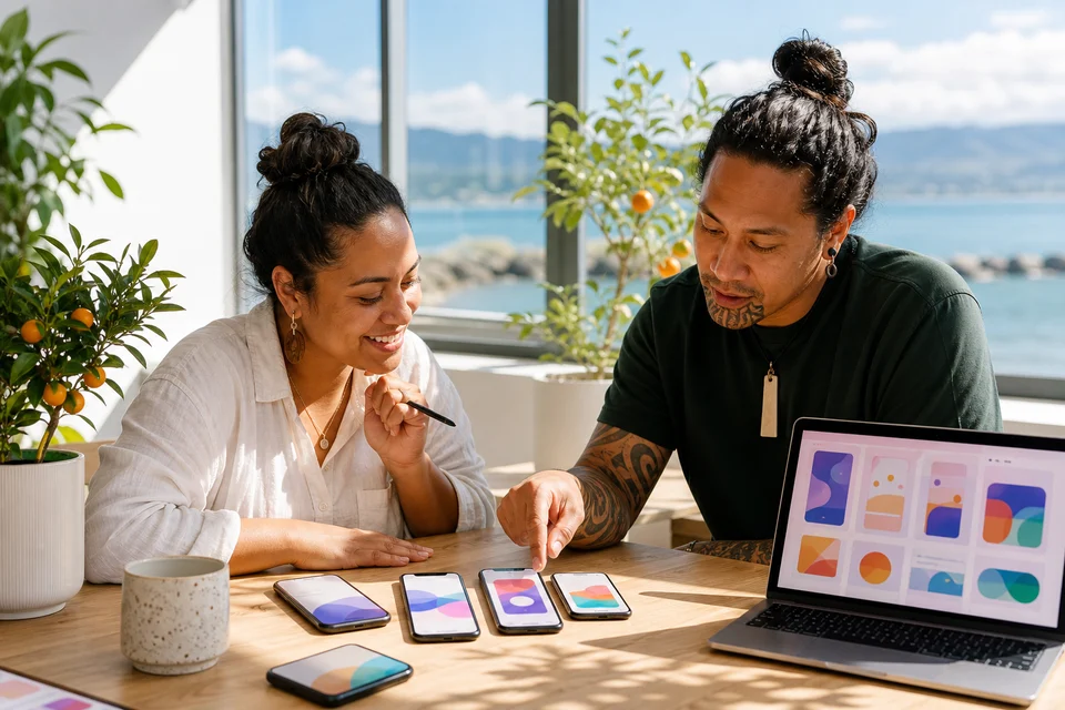 Nelson designers reviewing a bright mobile app prototype and UI components