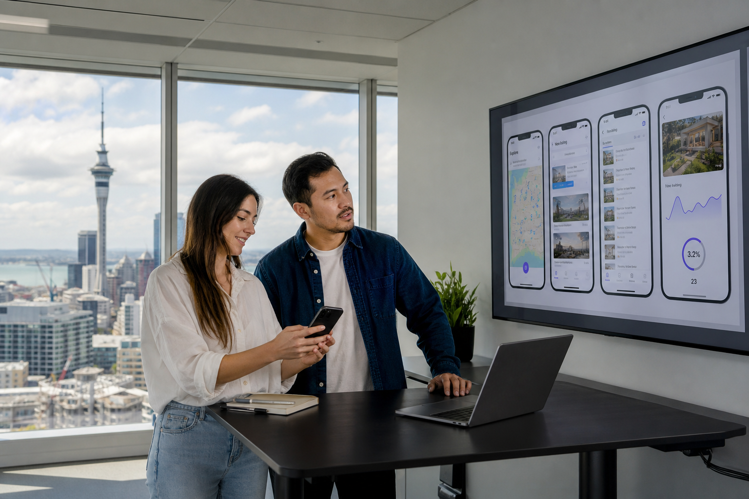 Auckland product team reviewing a New Zealand mobile app on a smartphone and design screens