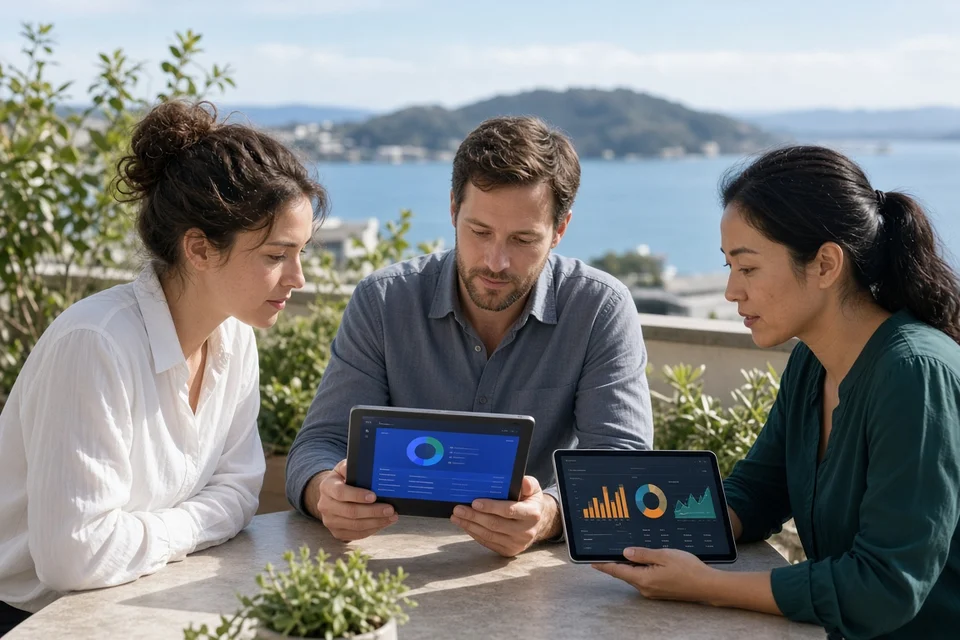 Dunedin team reviewing agent dashboards on a sunlit terrace overlooking the harbour